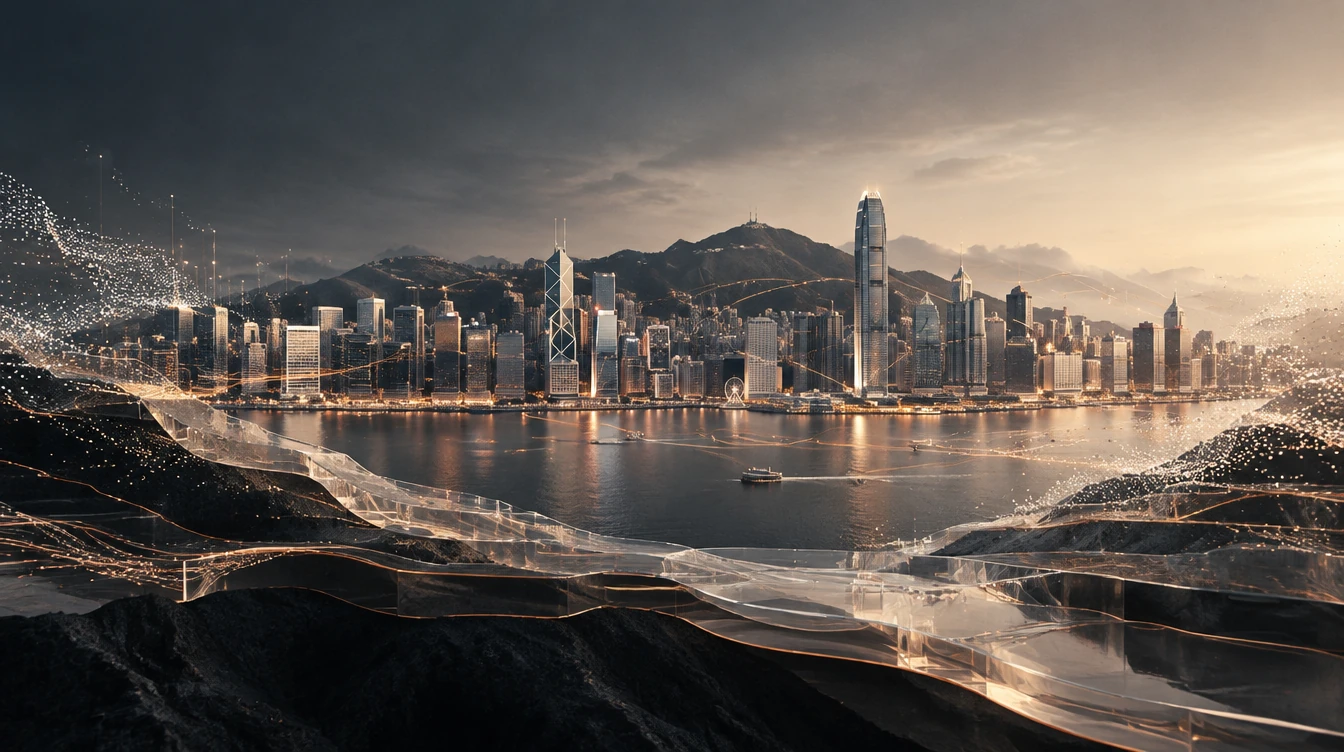 Conceptual digital twin of Victoria Harbour, with Hong Kong’s skyline connected by fine data pathways.